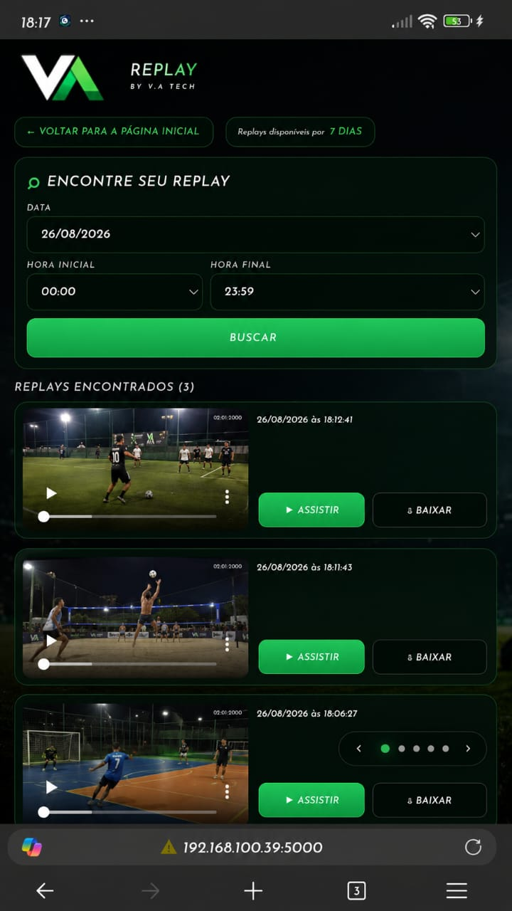 Tela original de busca de replays no celular, com filtros de data e horário, vídeos e botões Assistir e Baixar